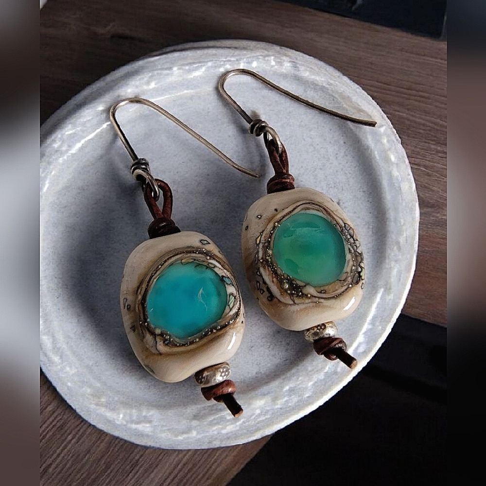 Artisan Turquoise Colored Stone & Leather Hook Earrings Unsigned